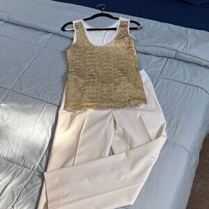 Calvin Klein Gold Sequin Top with Lafayette 148 New York Cream Pants